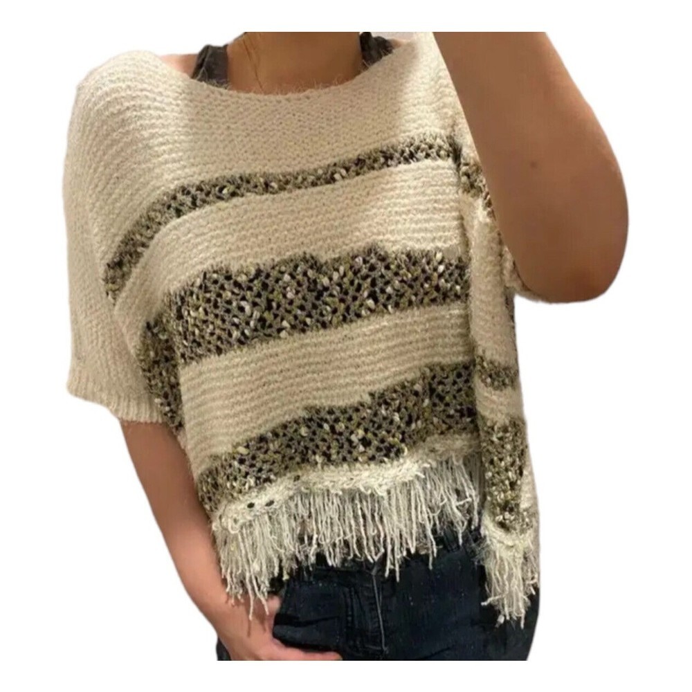 Anthropologie Moth Fringe Poncho Sweater Medium Cream Metallic Oversized Boho